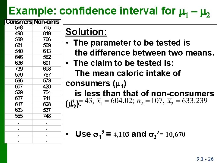 Example: confidence interval for m 1 – m Solution: • The parameter to be