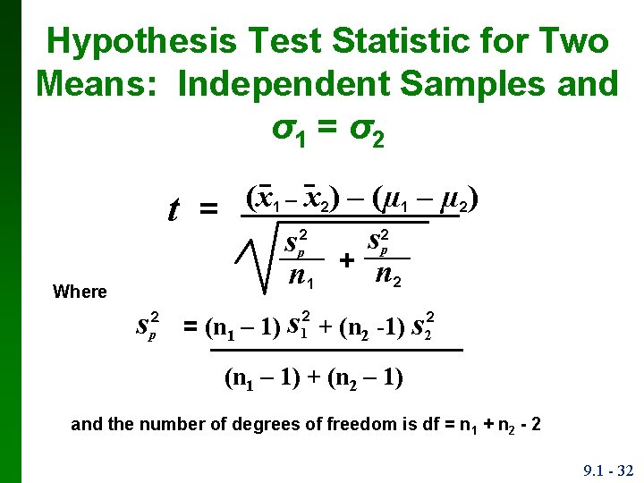 Hypothesis Test Statistic for Two Means: Independent Samples and σ1 = σ2 t Where