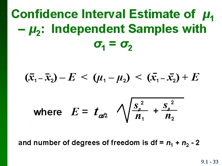 Confidence Interval Estimate of μ 1 – μ 2: Independent Samples with σ1 =