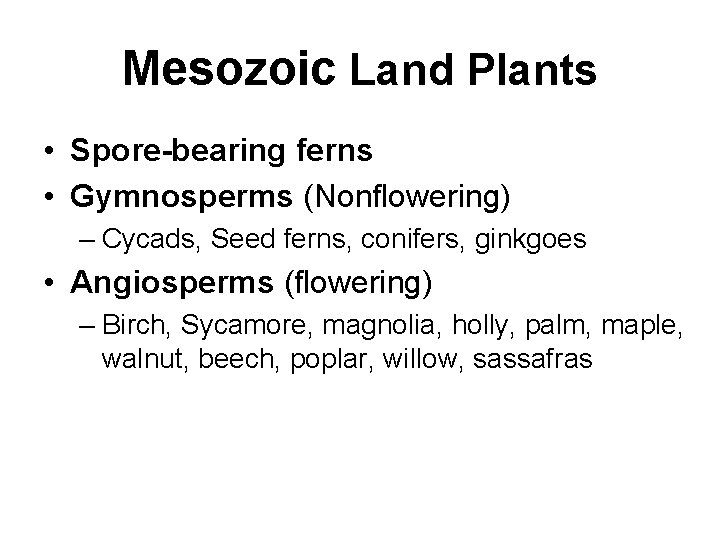 Mesozoic Land Plants • Spore-bearing ferns • Gymnosperms (Nonflowering) – Cycads, Seed ferns, conifers,