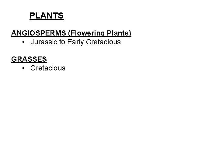 PLANTS ANGIOSPERMS (Flowering Plants) • Jurassic to Early Cretacious GRASSES • Cretacious 