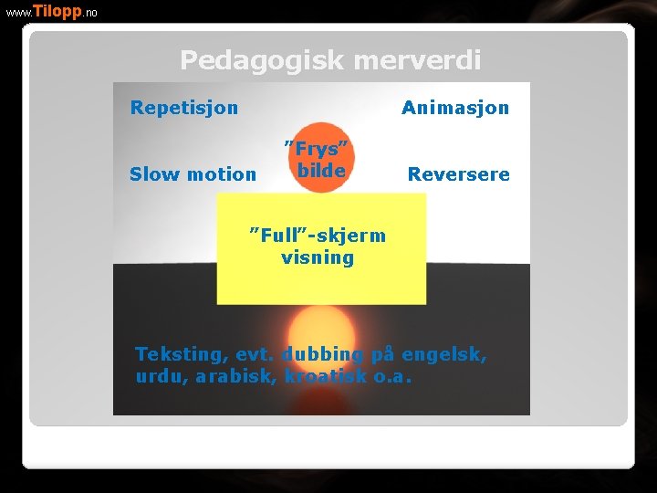 www. Tilopp. no Pedagogisk merverdi Repetisjon Animasjon Slow motion ”Frys” bilde Reversere ”Full”-skjerm visning