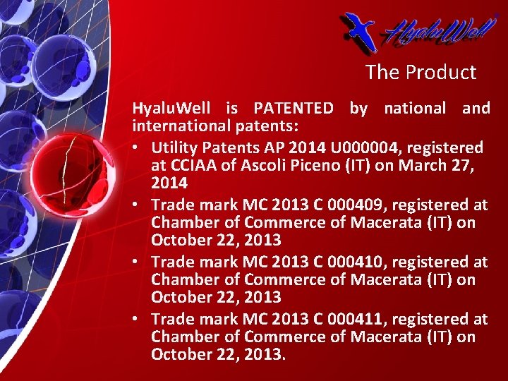 The Product Hyalu. Well is PATENTED by national and international patents: • Utility Patents