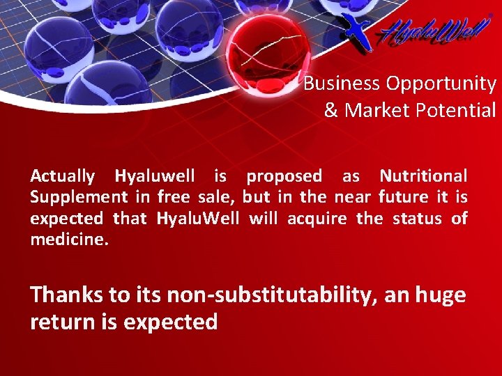 Business Opportunity & Market Potential Actually Hyaluwell is proposed as Nutritional Supplement in free