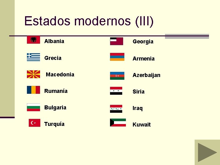 Estados modernos (III) Albania Georgia Grecia Armenia Macedonia Azerbaijan Rumanía Siria Bulgaria Iraq Turquía