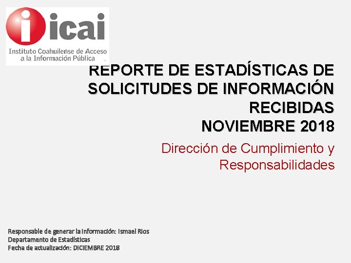 REPORTE DE ESTADÍSTICAS DE SOLICITUDES DE INFORMACIÓN RECIBIDAS NOVIEMBRE 2018 Dirección de Cumplimiento y