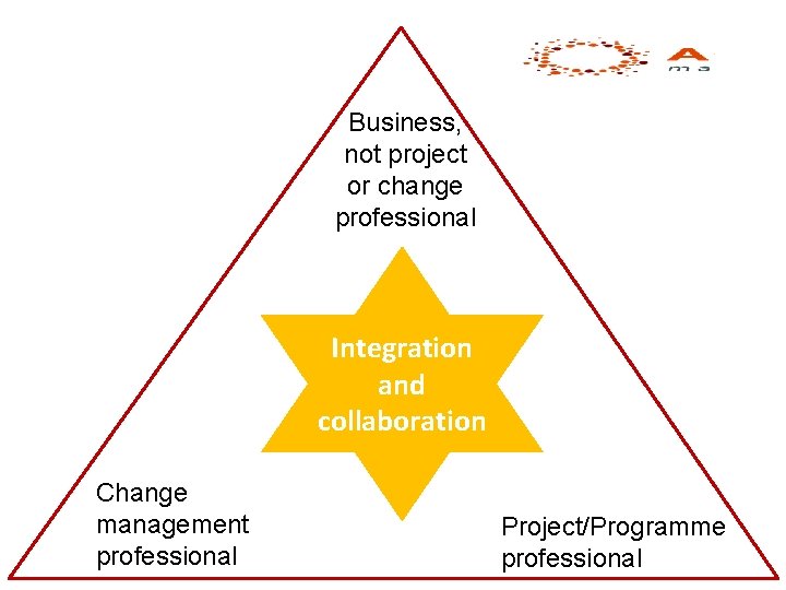 Business, not project or change professional Integration and collaboration Change management professional Project/Programme professional