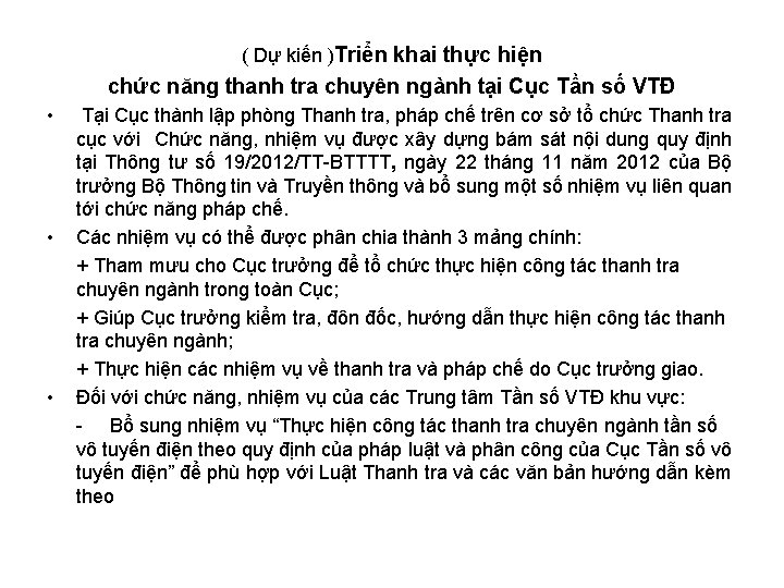 ( Dự kiến )Triển khai thực hiện chức năng thanh tra chuyên ngành tại