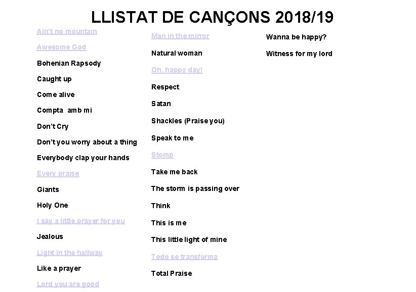 LLISTAT DE CANÇONS 2018/19 Ain’t no mountain Awesome God Bohenian Rapsody Man in the