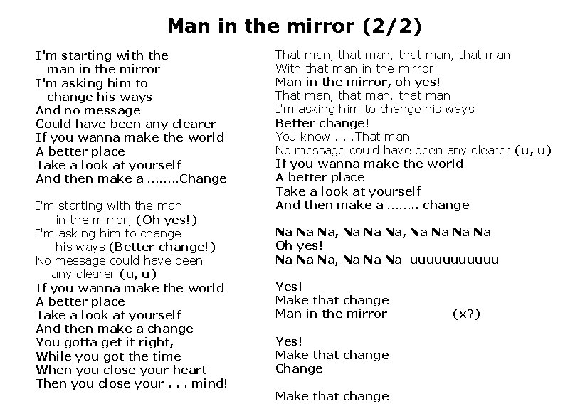 Man in the mirror (2/2) I'm starting with the man in the mirror I'm