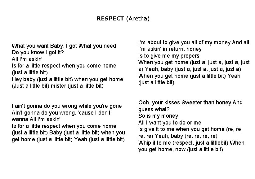 RESPECT (Aretha) What you want Baby, I got What you need Do you know