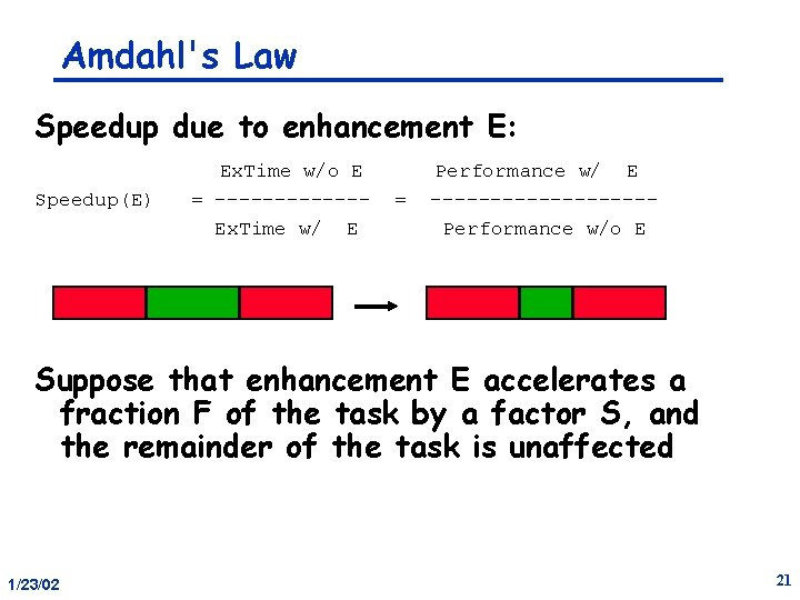 Amdahl's Law Speedup due to enhancement E: Speedup(E) Ex. Time w/o E = ------Ex.