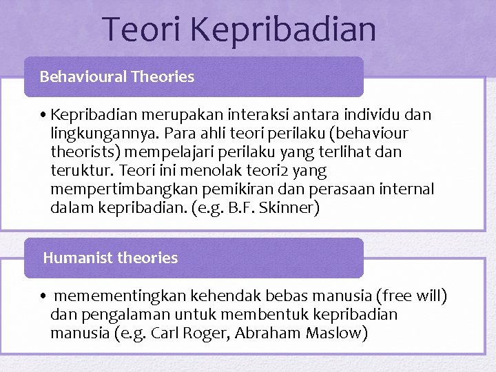 Teori Kepribadian Behavioural Theories • Kepribadian merupakan interaksi antara individu dan lingkungannya. Para ahli
