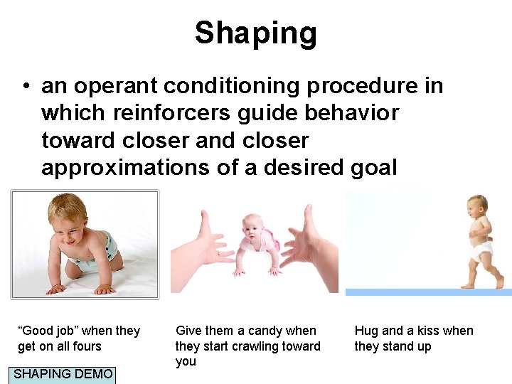 Shaping • an operant conditioning procedure in which reinforcers guide behavior toward closer and