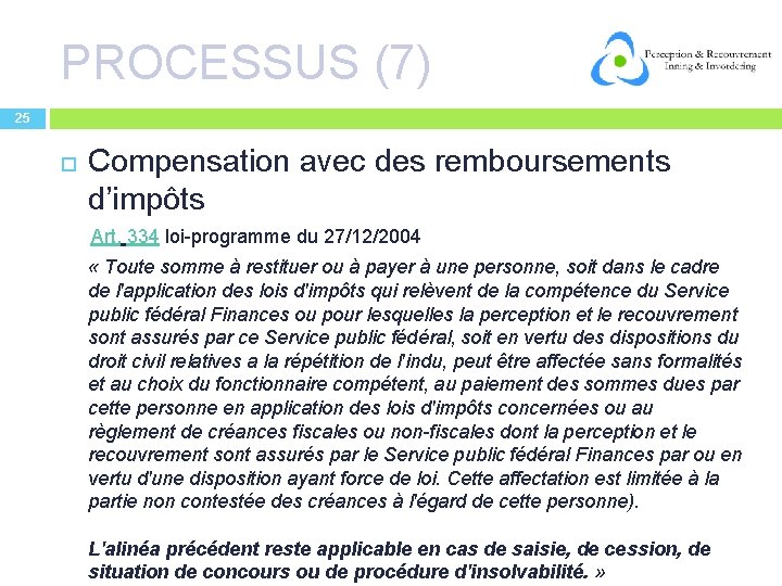 PROCESSUS (7) 25 Compensation avec des remboursements d’impôts Art. 334 loi-programme du 27/12/2004 «