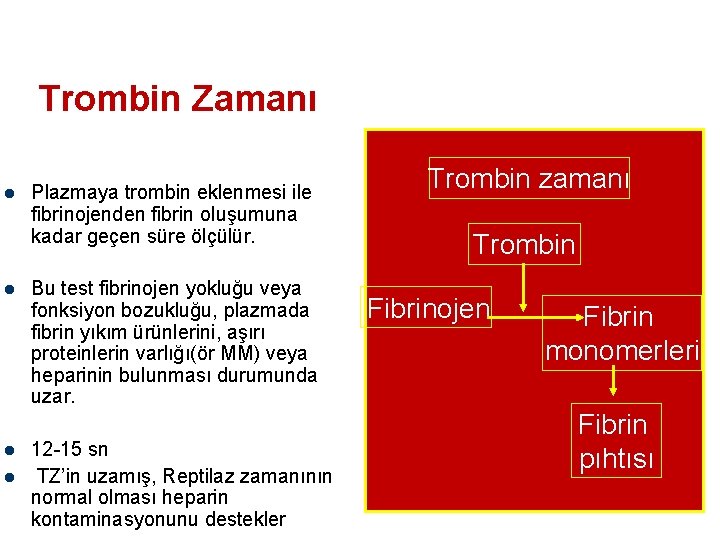 Trombin Zamanı l l Plazmaya trombin eklenmesi ile fibrinojenden fibrin oluşumuna kadar geçen süre