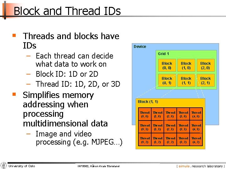 Block and Thread IDs § Threads and blocks have IDs Device − Each thread