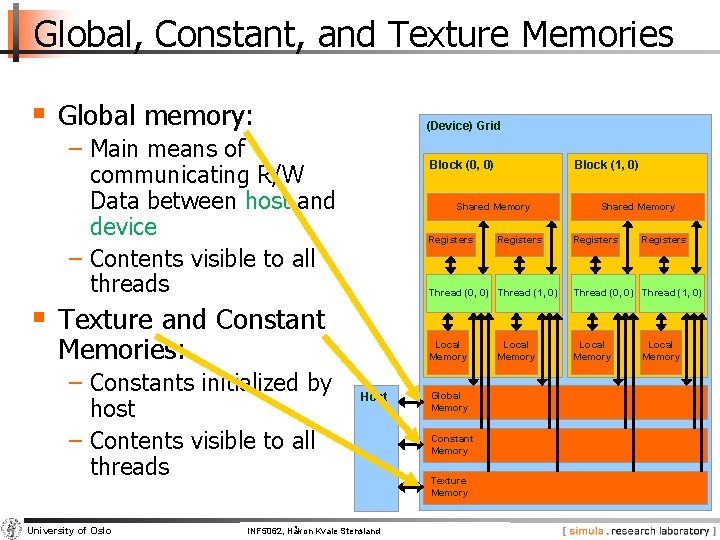 Global, Constant, and Texture Memories § Global memory: (Device) Grid − Main means of