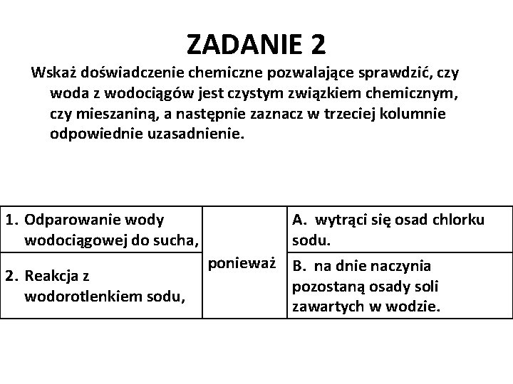 ZADANIE 2 Wskaż doświadczenie chemiczne pozwalające sprawdzić, czy woda z wodociągów jest czystym związkiem