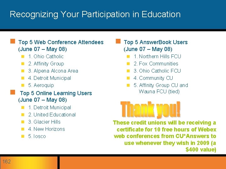 Recognizing Your Participation in Education n n Top 5 Web Conference Attendees (June 07