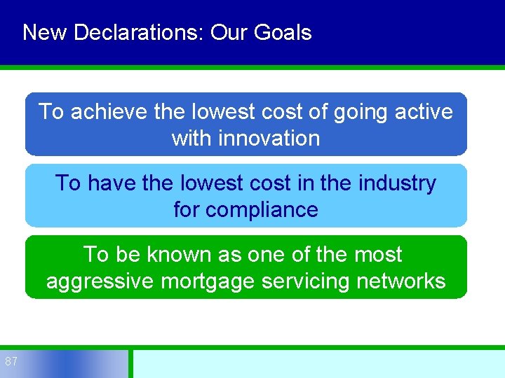 New Declarations: Our Goals To achieve the lowest cost of going active with innovation