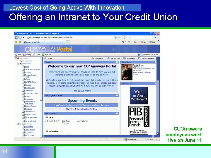 Lowest Cost of Going Active With Innovation Offering an Intranet to Your Credit Union