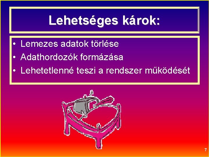 Lehetséges károk: • Lemezes adatok törlése • Adathordozók formázása • Lehetetlenné teszi a rendszer