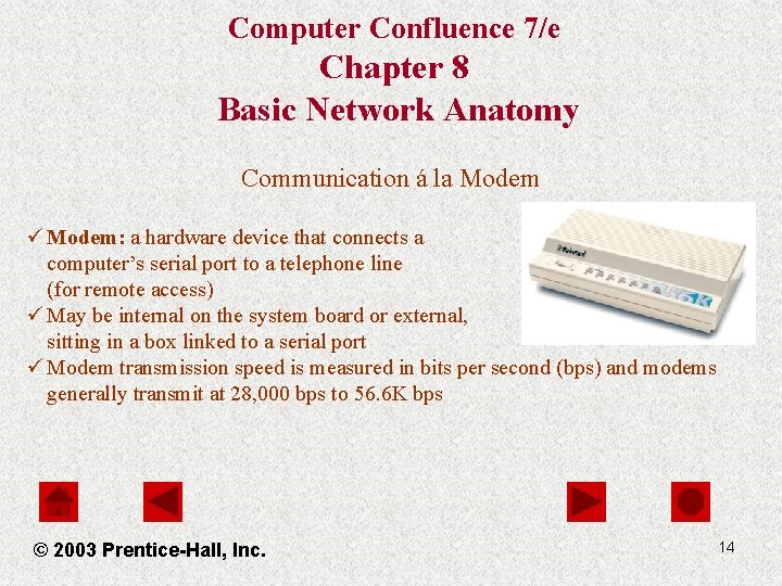 Computer Confluence 7/e Chapter 8 Basic Network Anatomy Communication á la Modem ü Modem: