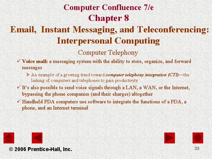 Computer Confluence 7/e Chapter 8 Email, Instant Messaging, and Teleconferencing: Interpersonal Computing Computer Telephony