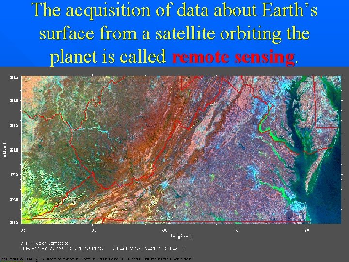 The acquisition of data about Earth’s surface from a satellite orbiting the planet is