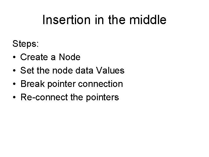 Insertion in the middle Steps: • Create a Node • Set the node data