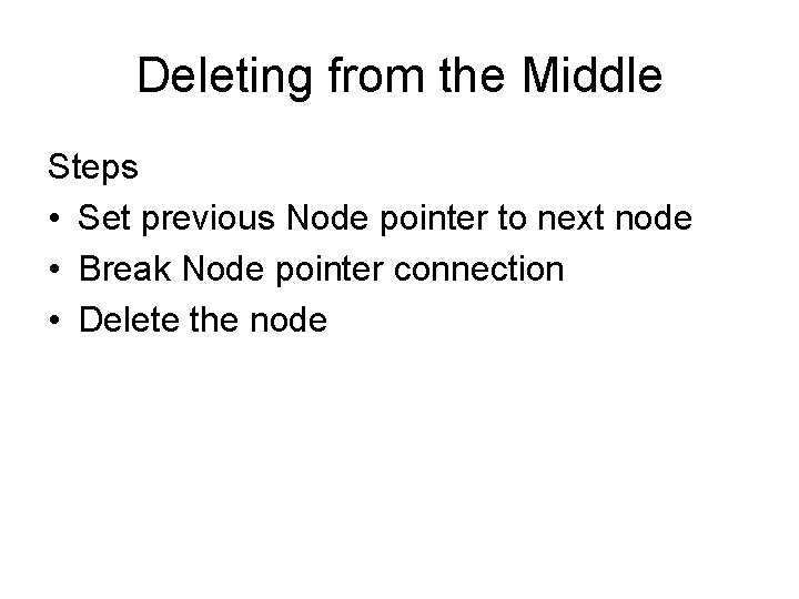 Deleting from the Middle Steps • Set previous Node pointer to next node •