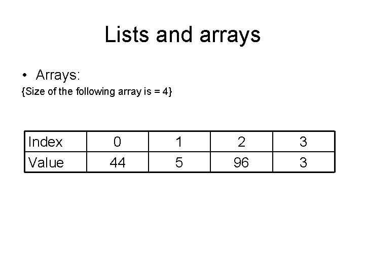 Lists and arrays • Arrays: {Size of the following array is = 4} Index