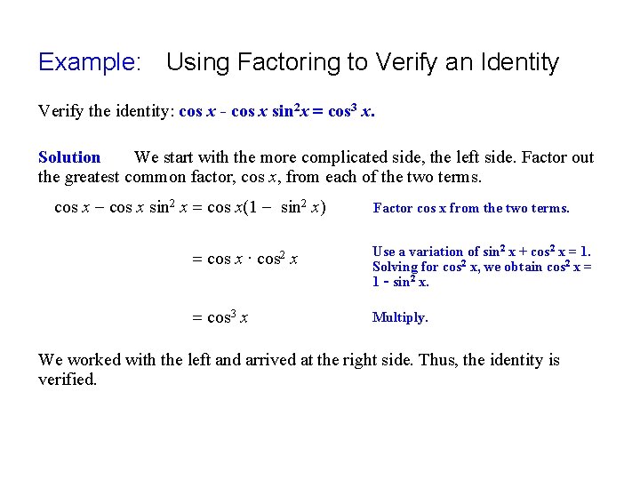 Example: Using Factoring to Verify an Identity Verify the identity: cos x - cos