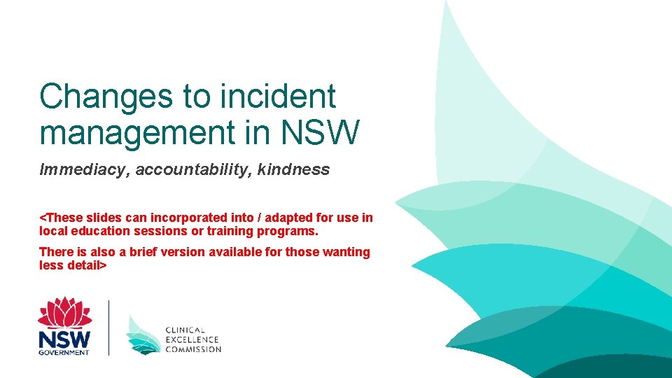 Changes to incident management in NSW Immediacy, accountability, kindness <These slides can incorporated into