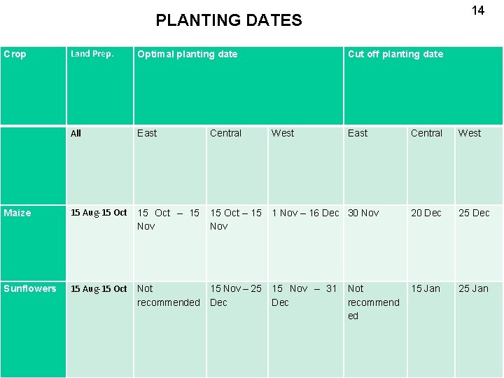 14 PLANTING DATES Land Prep. Optimal planting date All East Central West Maize 15