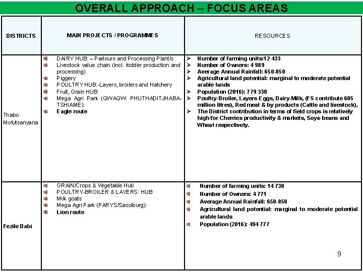 OVERALL APPROACH – FOCUS AREAS DISTRICTS Thabo Mofutsanyana MAIN PROJECTS / PROGRAMMES DAIRY HUB: