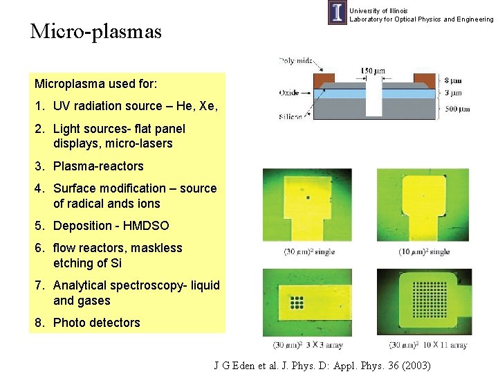 University of Illinois Laboratory for Optical Physics and Engineering Micro-plasmas Microplasma used for: 1.