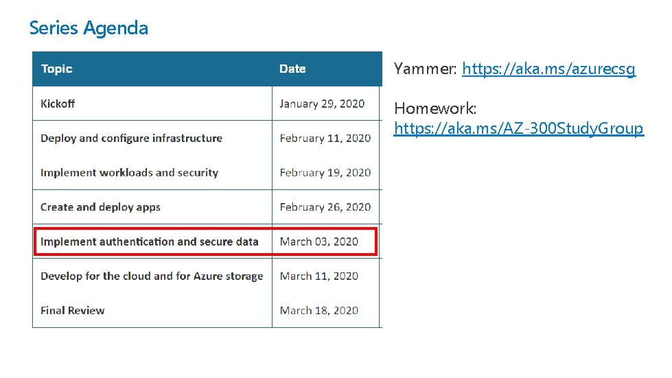 Series Agenda Yammer: https: //aka. ms/azurecsg Homework: https: //aka. ms/AZ-300 Study. Group 