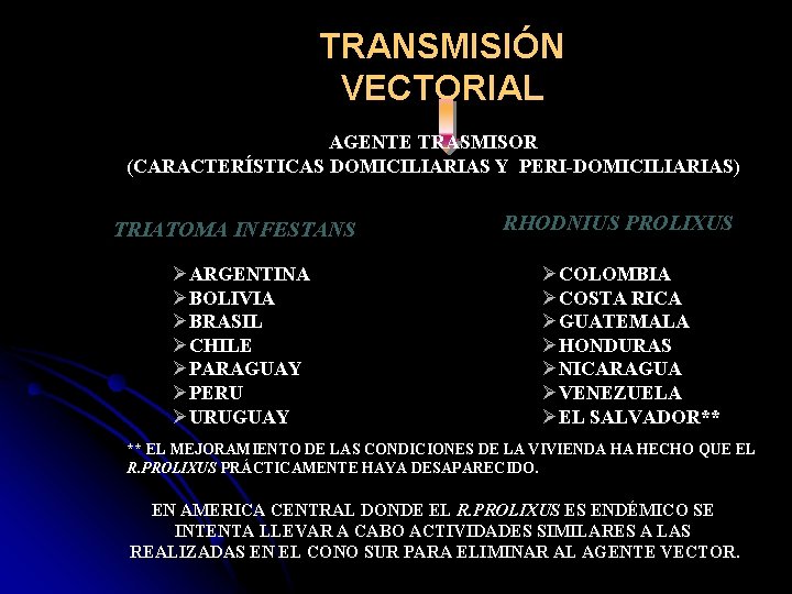 TRANSMISIÓN VECTORIAL AGENTE TRASMISOR (CARACTERÍSTICAS DOMICILIARIAS Y PERI-DOMICILIARIAS) TRIATOMA INFESTANS ØARGENTINA ØBOLIVIA ØBRASIL ØCHILE