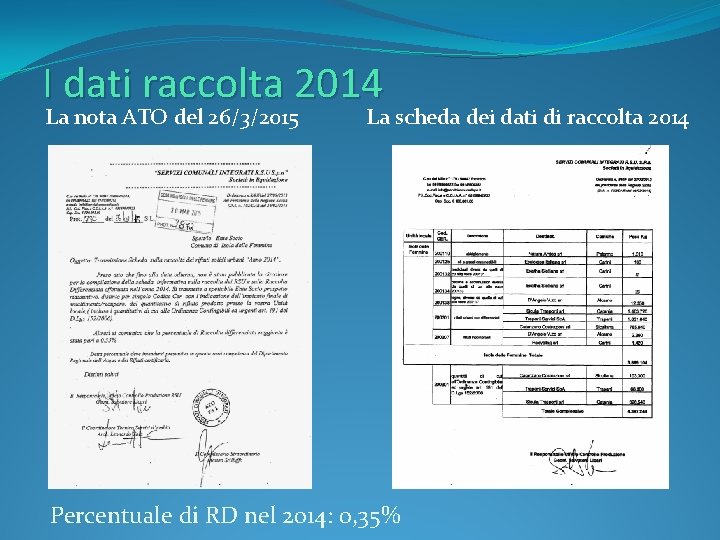 I dati raccolta 2014 La nota ATO del 26/3/2015 La scheda dei dati di