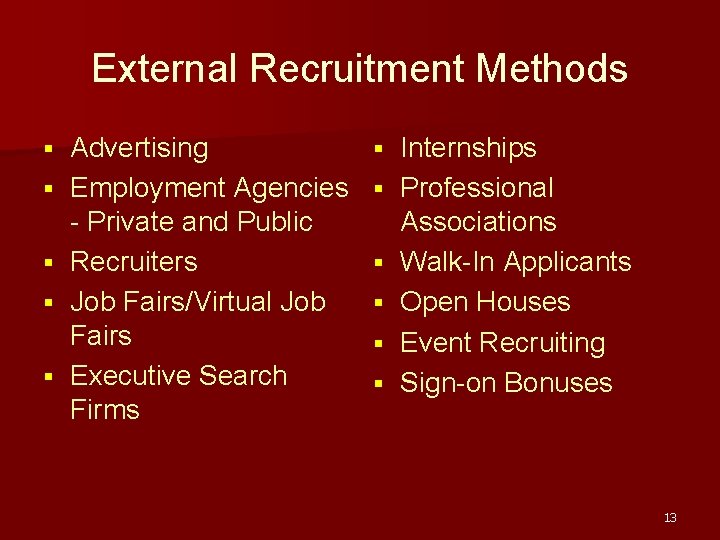 External Recruitment Methods § § § Advertising Employment Agencies - Private and Public Recruiters