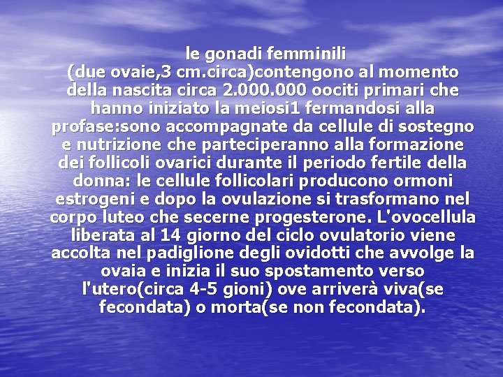 le gonadi femminili (due ovaie, 3 cm. circa)contengono al momento della nascita circa 2. le gonadi femminili (due ovaie, 3 cm. circa)contengono al momento della nascita circa 2.