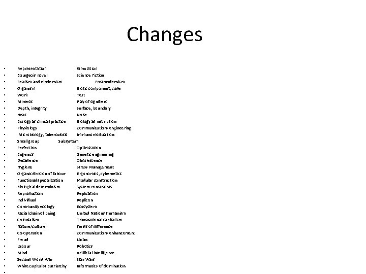 Changes • • • • • • • • Representation Simulation Bourgeois novel Science