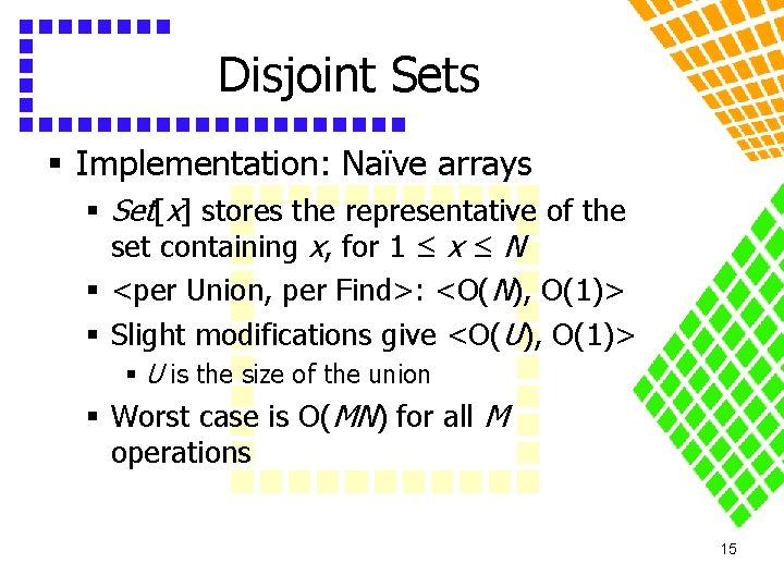 Disjoint Sets § Implementation: Naïve arrays § Set[x] stores the representative of the set