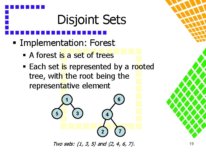 Disjoint Sets § Implementation: Forest § A forest is a set of trees §