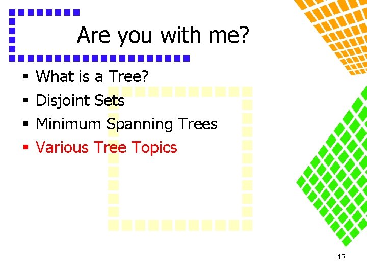 Are you with me? § § What is a Tree? Disjoint Sets Minimum Spanning