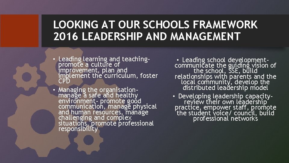 LOOKING AT OUR SCHOOLS FRAMEWORK 2016 LEADERSHIP AND MANAGEMENT • Leading learning and teachingpromote