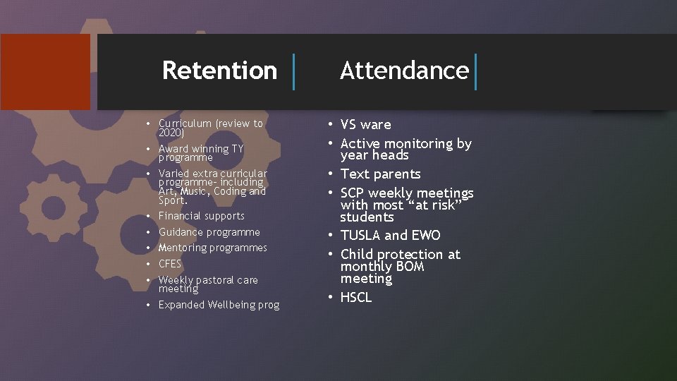 Retention • Curriculum (review to 2020) • Award winning TY programme • Varied extra