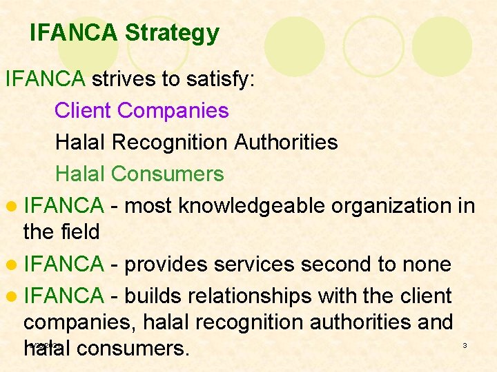 IFANCA Strategy IFANCA strives to satisfy: Client Companies Halal Recognition Authorities Halal Consumers l